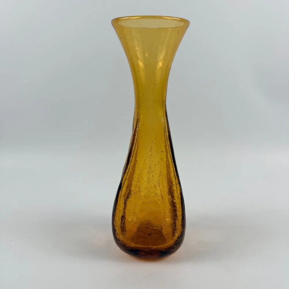 Vintage American Amber Crackle Art Glass Pinched Optic Vase Mid‎ Century